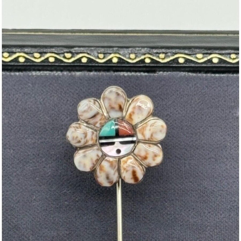 Vintage Zuni Sadie Morris Laahte Sun Face Sterling Silver Cowrie Shell Stick Pin